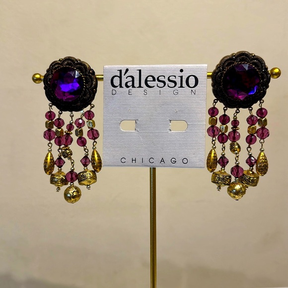 80s style Vintage Dalessio Design Chicago Purple & Gold Dangle Earrings Clip Ons - Picture 1 of 8
